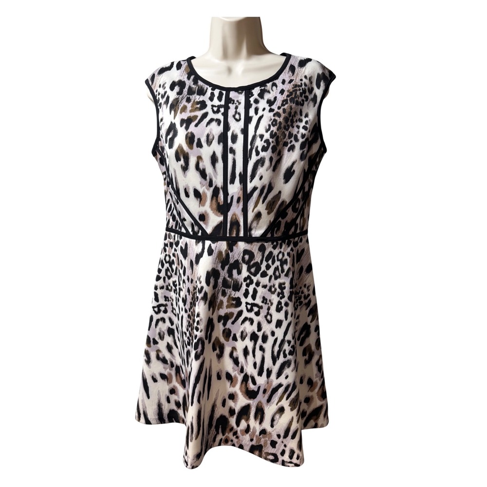 Sandra Darren Womens Leopard Print Fit &‎ Flare Dress Petite 10P Black Tan White - Picture 3 of 9